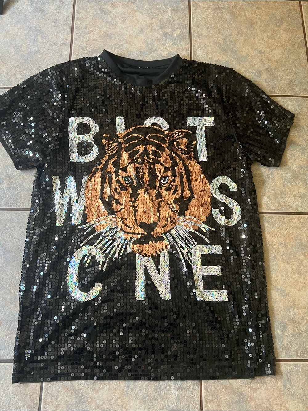 Fashion Nova Black Sequin Tee with Brown Tiger Graphic